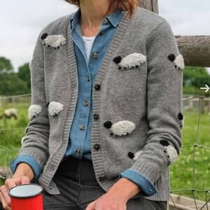 WOOLOVERS | NWT Boucle Raised Sheep Cardigan Sweater Gray Marl | Size Small